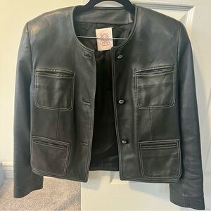 Loewe Black Leather Round-Neck Button Jacket